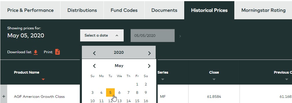 AGF Product Finder Historical Prices